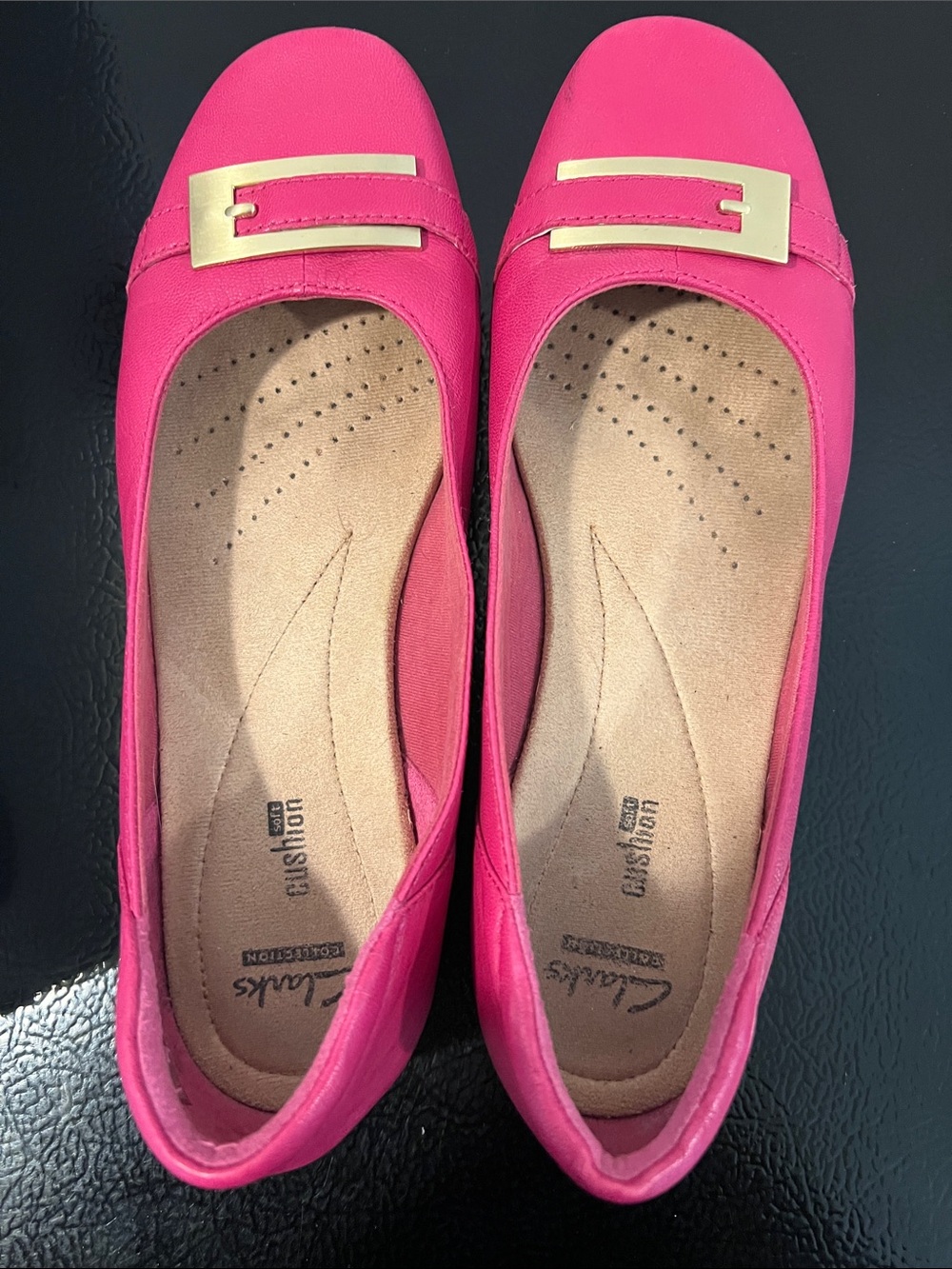 Clarks Hot Pink Loafers with Gold Buckle